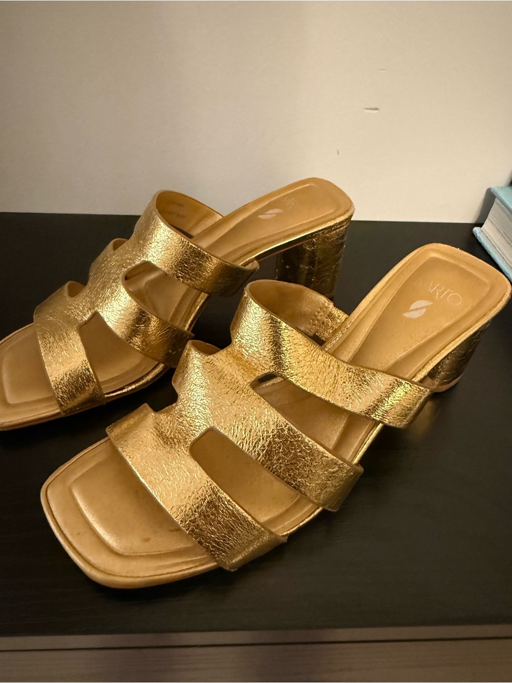 Franco Sarto Gold Metallic Triple-Strap Block Heel Mules